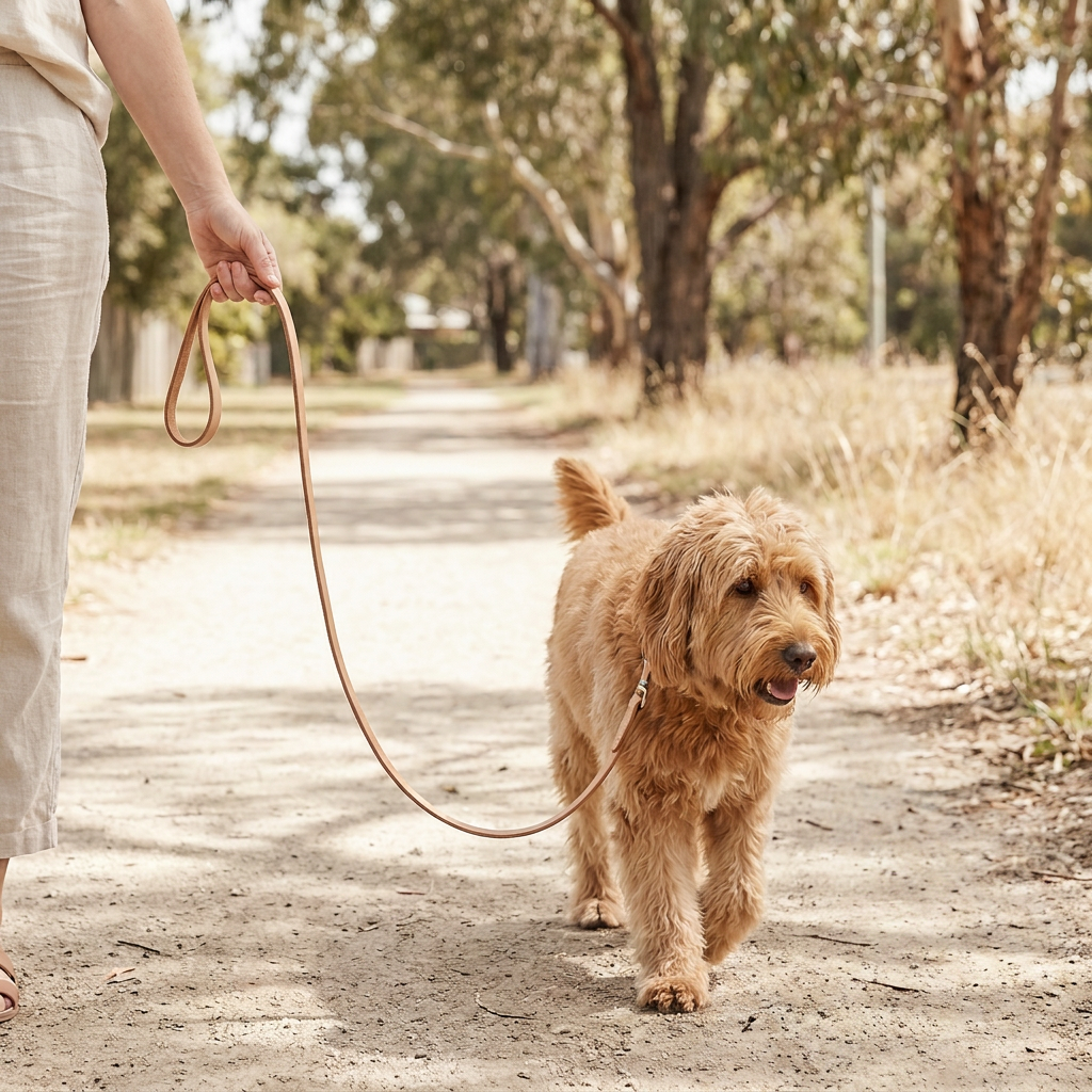Dog walking calmly on leash