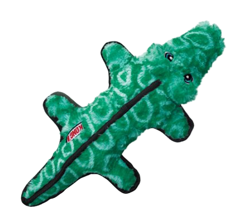 Green dog toy with black accents on a white background
