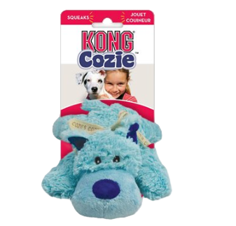 Blue dog toy with 'KONG Cozie' packaging featuring a child and dog on a white background