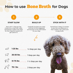 Infographic on how to use bone broth for dogs with a dog image and text.