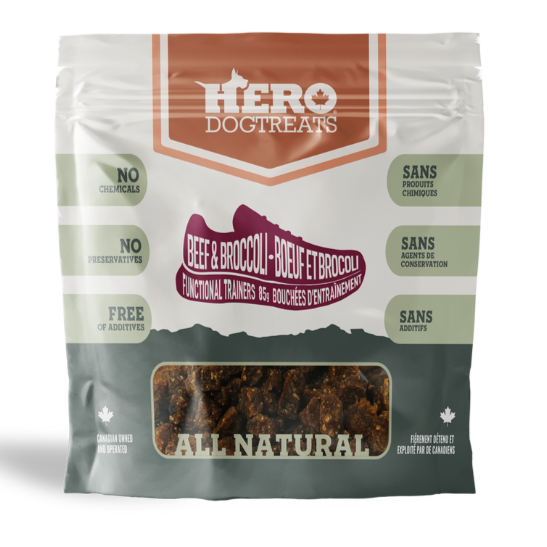 Hero Dogtreats beef and broccoli dog treat package on a white background