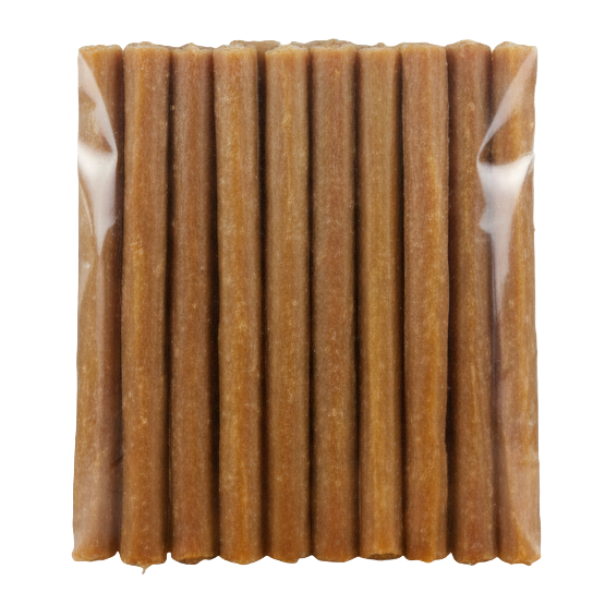 Pack of premium beef pizzle dog chews with a clear packaging on a wooden surface.