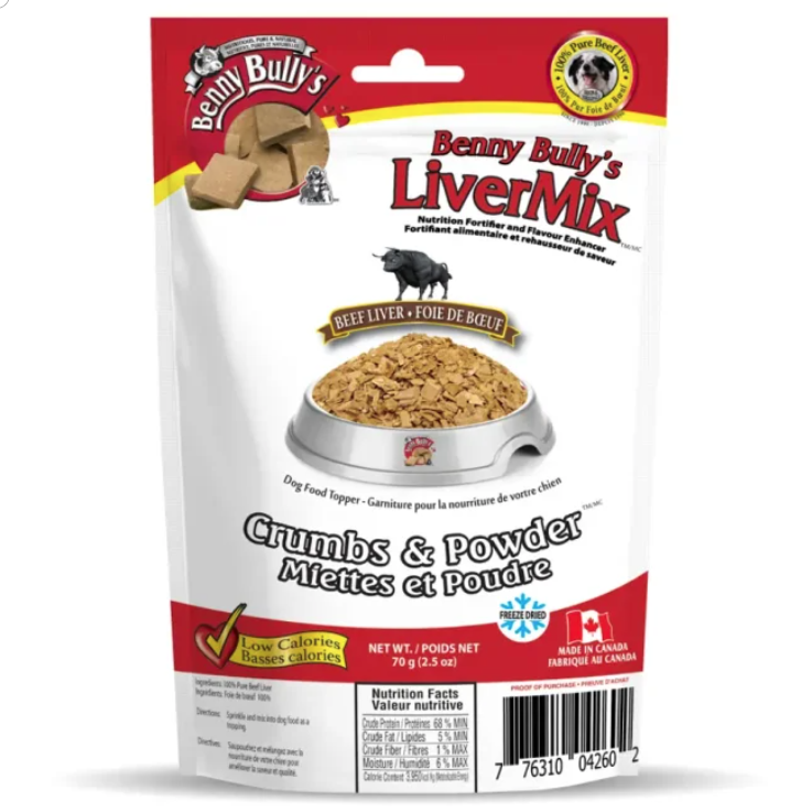 Benny Bully's LiverMix dog food package on a white background