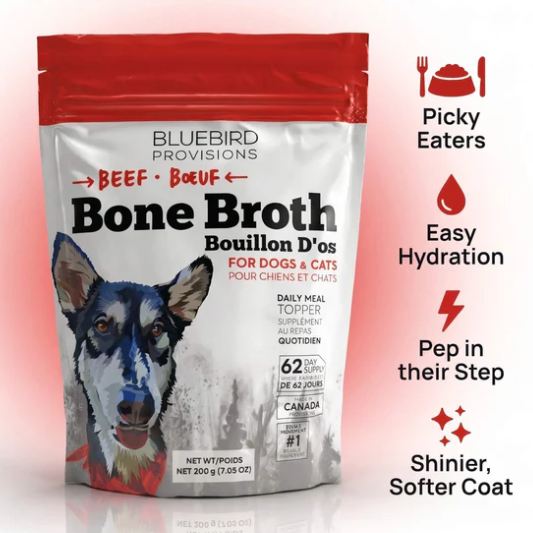 Package of Bluebird Provisions Bone Broth for dogs and cats with a dog's face on the label.
