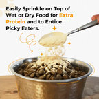 Dog food bowl with a spoonful of powder being sprinkled on top, with text about protein and enticement.