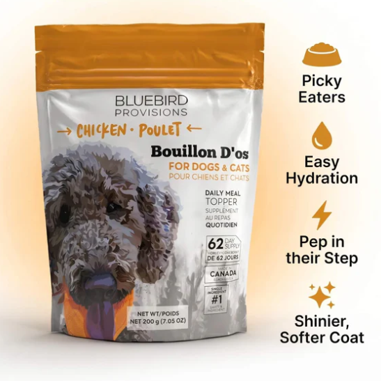 Bluebird Provisions bouillon d'os package for dogs and cats with a dog's face on the packaging.