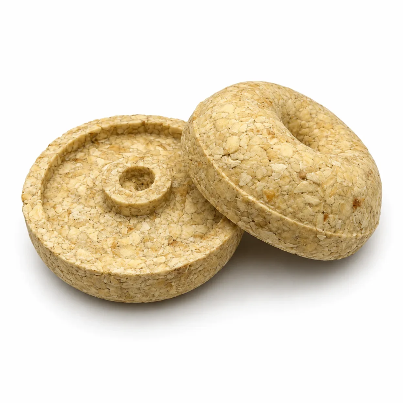 Two natural cork donut-shaped pet toys on a clean white background.