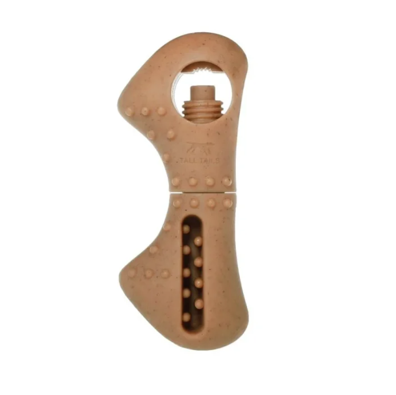 Brown dog chew toy with textured surface on a white background
