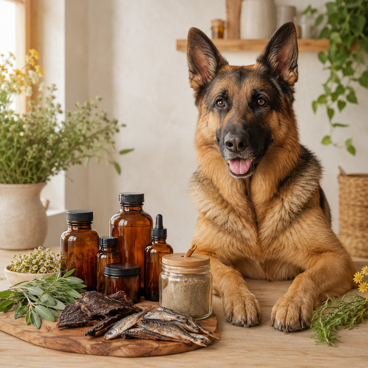 A German Shepherd lies on a wooden table beside several amber glass dropper and storage bottles, dried fish, and herbs in a warm, sunlit home setting.