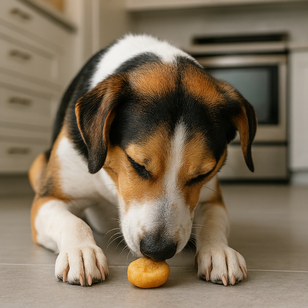 Dog eating a treat on a kitchen floor