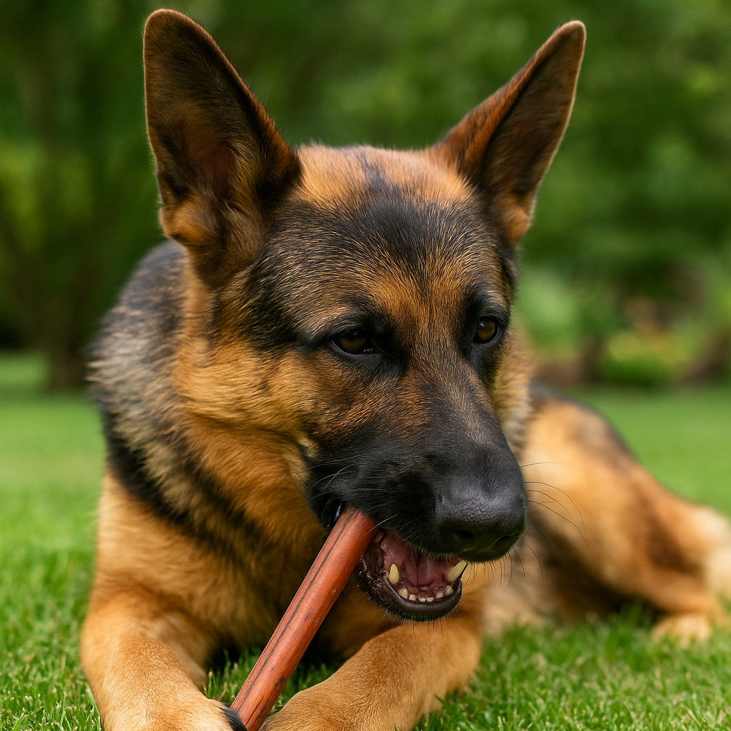 German Shepherd dog chewing on a stick in a grassy area