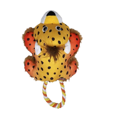 Plush toy resembling a cheetah with a rope handle