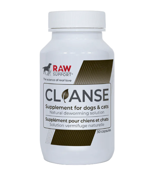 Supplement bottle labeled 'CLEANSE' for dogs and cats