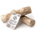 Two coffee tree wood chews with a label on a white background