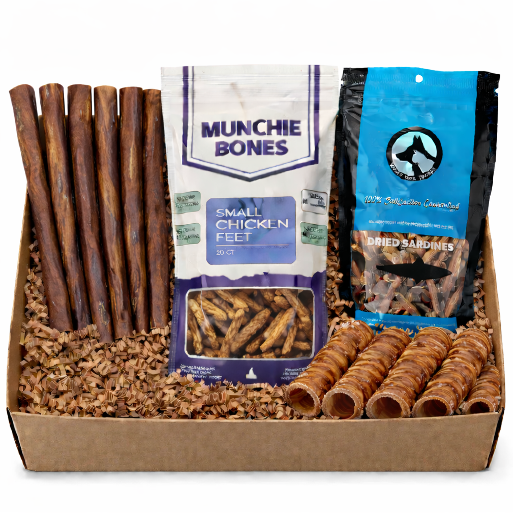 Assorted dog treats including chicken feet, dried sardines, and other chew sticks in a cardboard box.