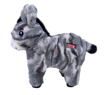 Gray plush donkey toy with a Kong brand label on a white background