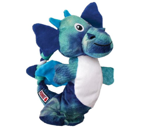 Blue and green dragon-shaped plush toy on a white background