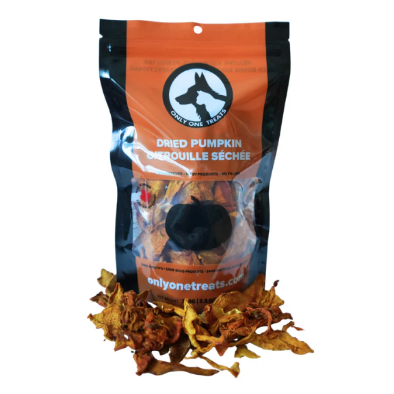 Bag of dried pumpkin treats for dogs with visible pumpkin pieces