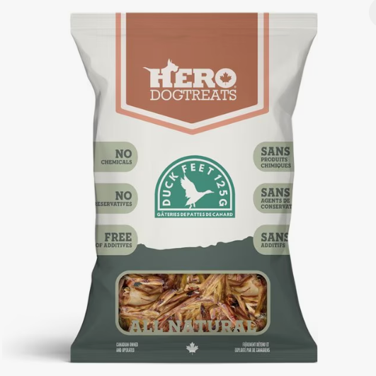 Hero Dog treats package with duck feet treats 