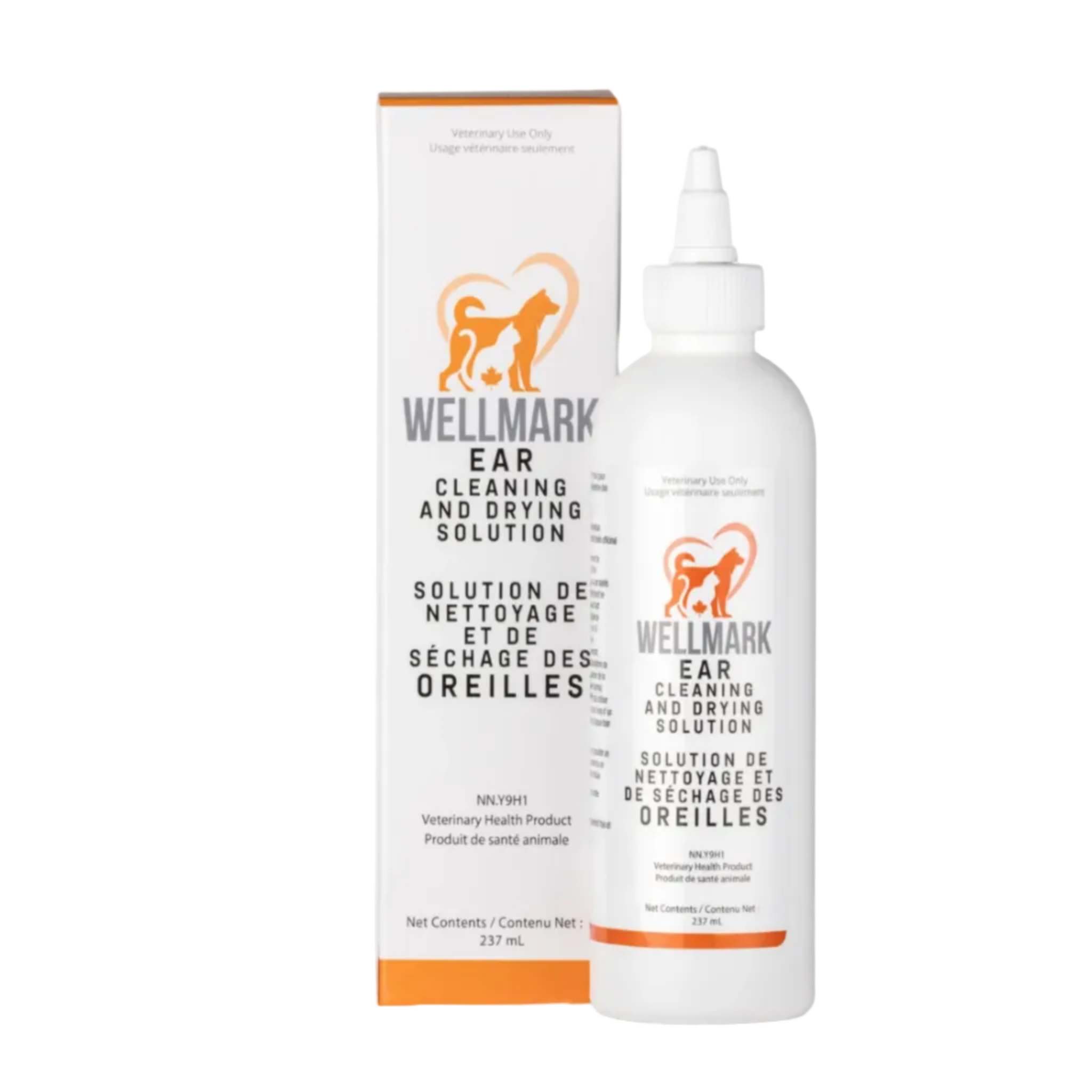 Wellmark Veterinary Health Ear Cleaning and Drying Solution bottle next to its retail box, featuring a white design with orange accents and a dog silhouette logo.