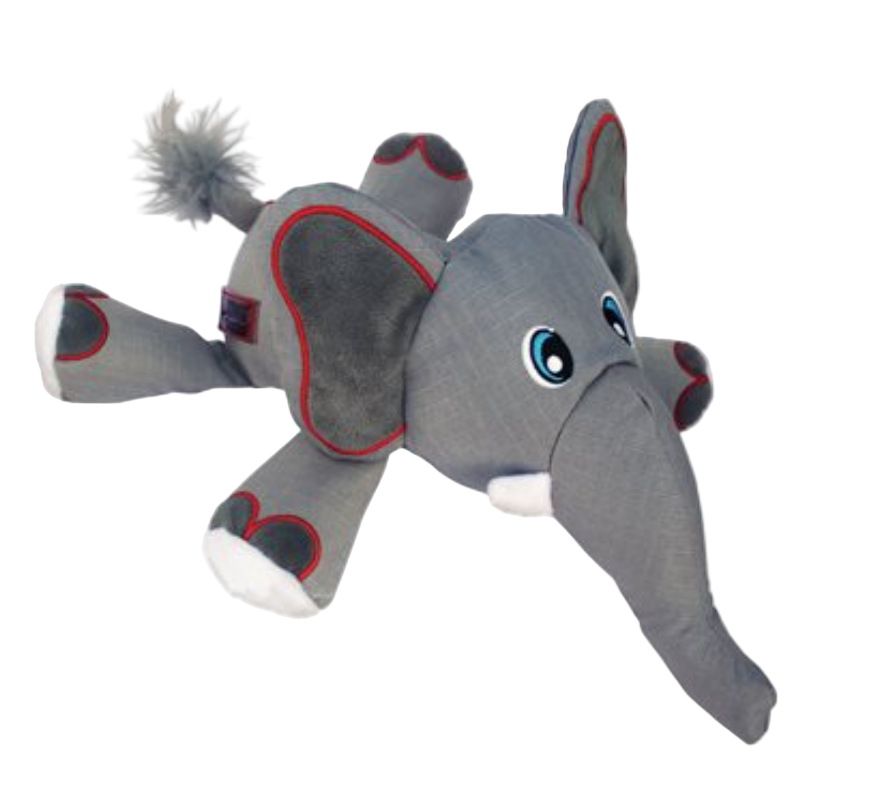 Gray elephant plush toy with red accents on a white background