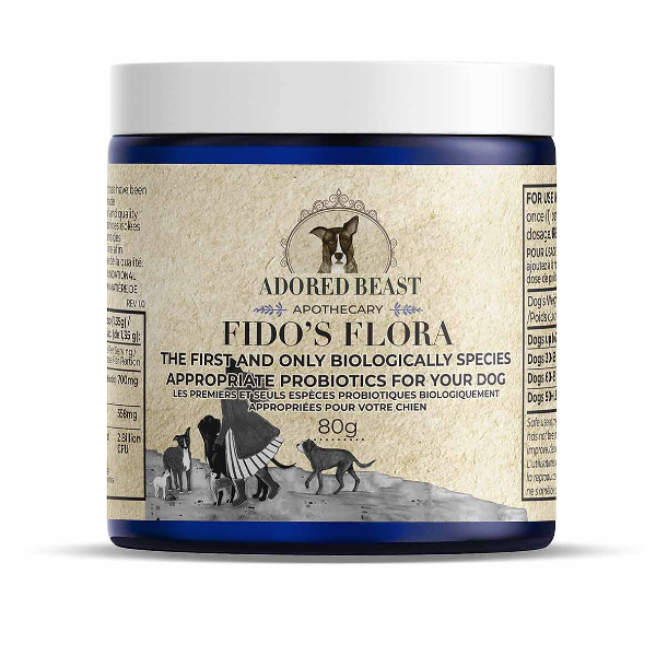 Jar of 'Fido's Flora' by Adored Beast Apothecary on a white background