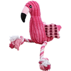 Pink flamingo toy with a rope on a wooden surface against a light blue curtain background