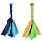 Two braided dog toys, one blue and one green and yellow