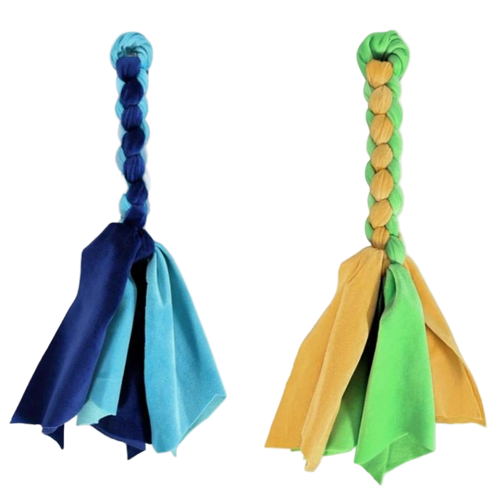 Two braided dog toys, one blue and one green and yellow