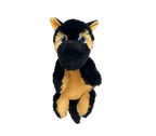 Plush toy resembling a horse with black and brown colors on a white background