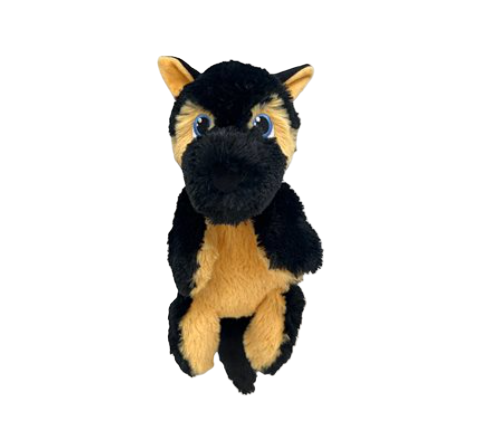 Plush toy resembling a horse with black and brown colors on a white background