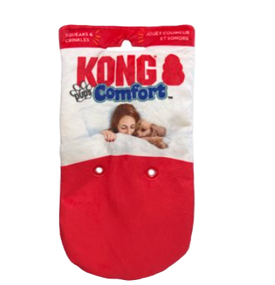 Kong Comfort dog toy packaging with a child and dog on a bed