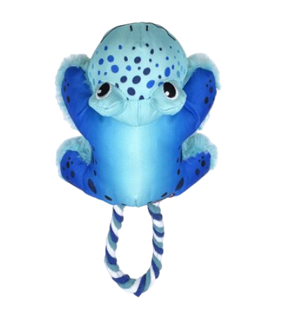 Blue plush octopus toy with a rope on a white background
