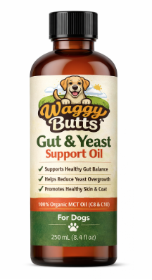 Waggy Butts Gut & Yeast Support Oil bottle for dogs on a white background