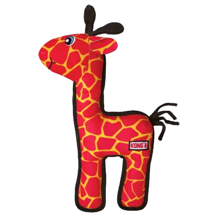 Giraffe-shaped toy with red and yellow pattern on a white background