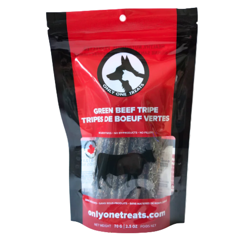 Package of green beef tripe treats for dogs with a red label and black border.