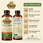 Waggy Butts Gut & Yeast Support Oil bottles with dosage guide on a beige background