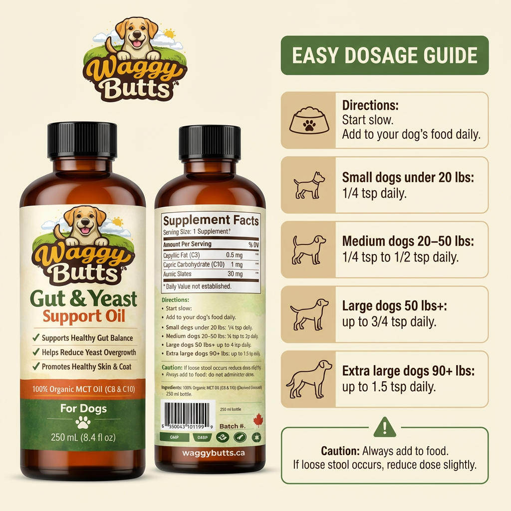 Waggy Butts Gut & Yeast Support Oil bottles with dosage guide on a beige background