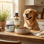 30-Day Gut and Yeast Reset Bundle for Dogs beside a dog food bowl in a home setting