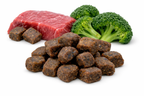 Dog food kibble, raw meat, and broccoli on a white background