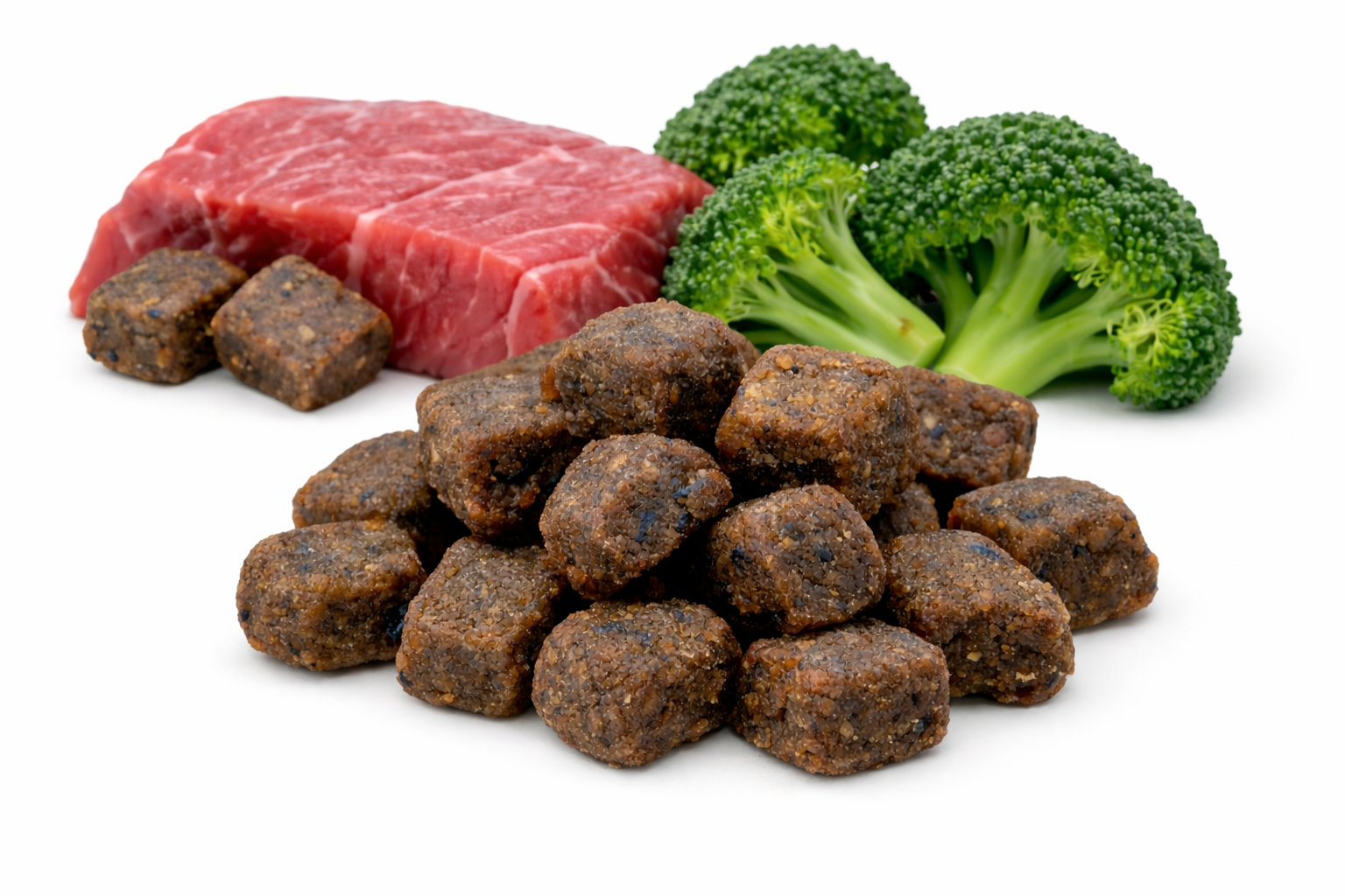 Dog food kibble, raw meat, and broccoli on a white background