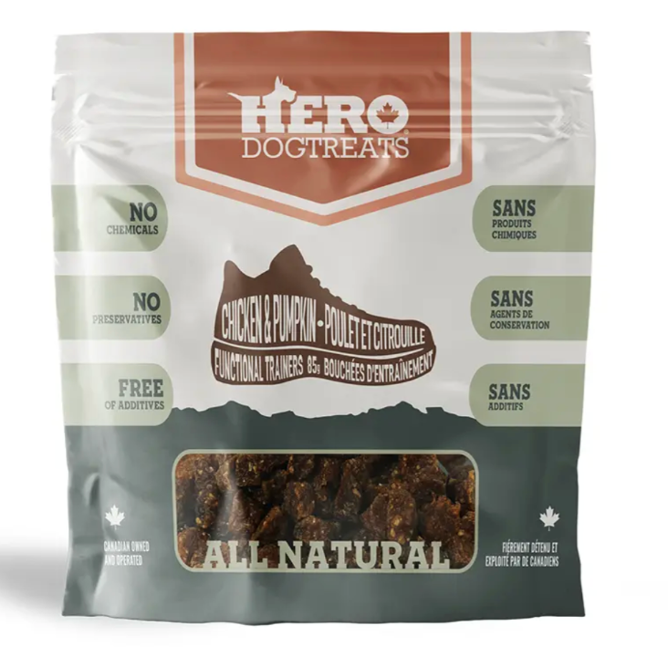Hero Dogtreats packaging for chicken and pumpkin dog treats on a white background