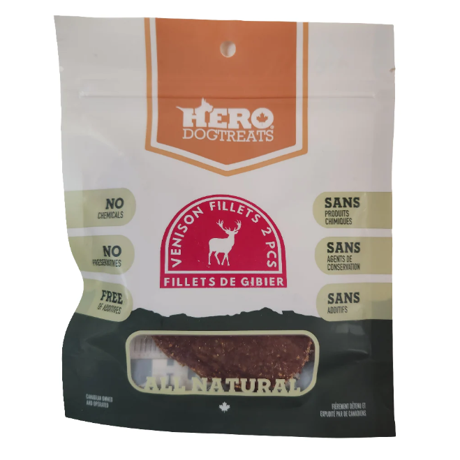 Hero Dogtreats Venison Fillets package on a white background