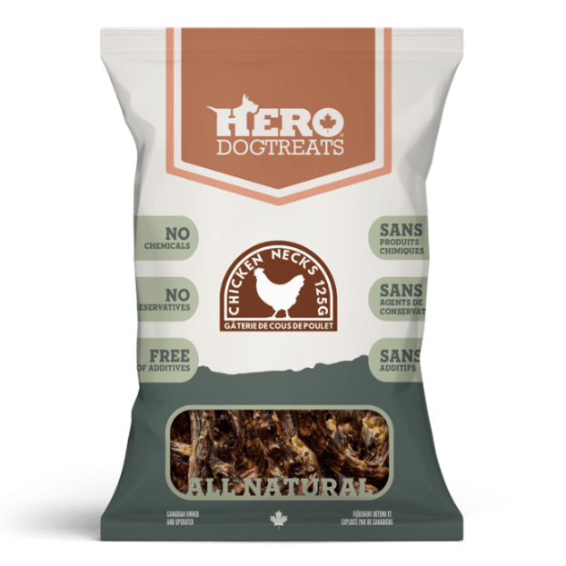 Hero Dogtreats chicken necks package on a white background