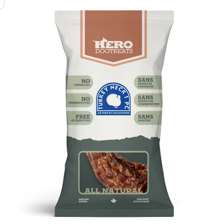 Hero Dog Treats package with turkey neck treat on a white background