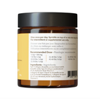 Back label of a supplement jar with text and ingredients on a white background