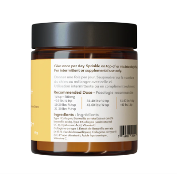 Back label of a supplement jar with text and ingredients on a white background