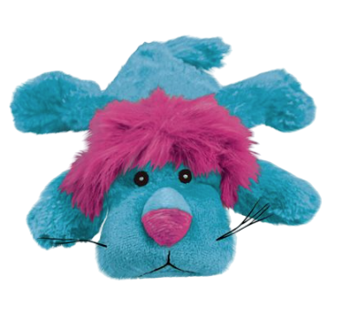 Blue plush toy with pink hair on a white background