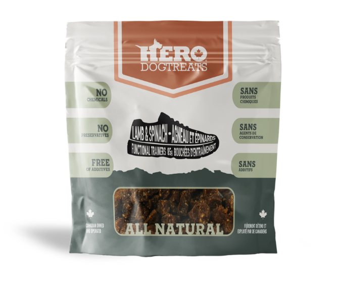 Hero Dogtreats package with lamb and spinach flavor on a white background
