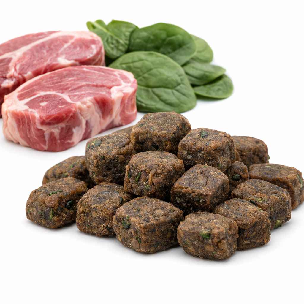 Raw meat and spinach next to pet food on a white background